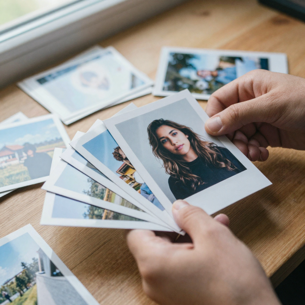 Close-up of hands sorting a fanned spread of glossy 4x6 photo prints on a wooden table — a product shot, a portrait, a l