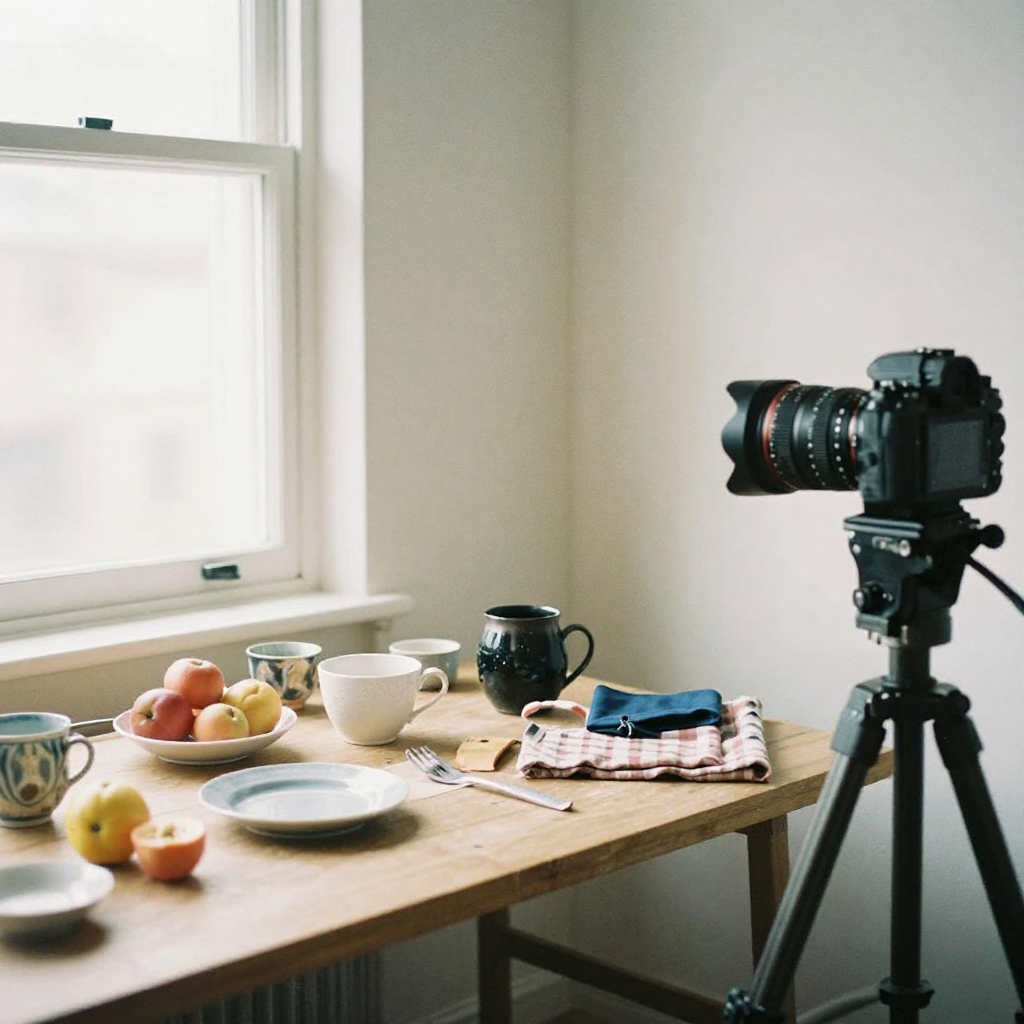 A bright creative studio corner with a styled tabletop of props — fruit, ceramics, fabric — set up for product photograp