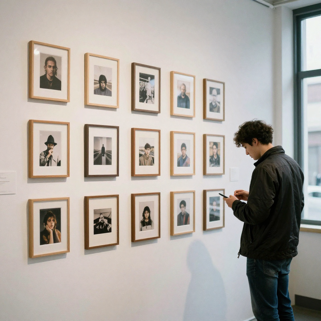 A grid of small framed diverse artworks and photos on a white gallery wall, a person browsing them, soft even lighting,
