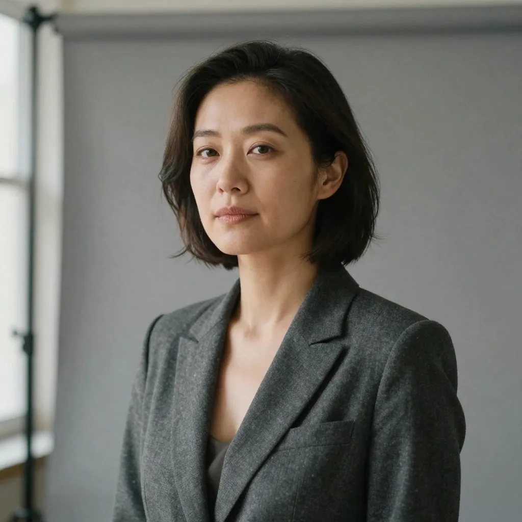 A confident woman in a charcoal blazer photographed shoulders-up against a solid neutral gray studio backdrop, even soft