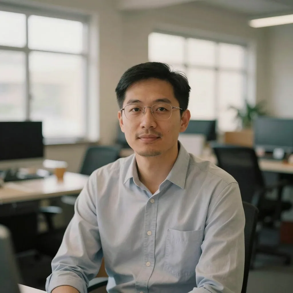 A man in a light shirt seated against a softly blurred open-plan office, warm bokeh of distant windows behind him, natur