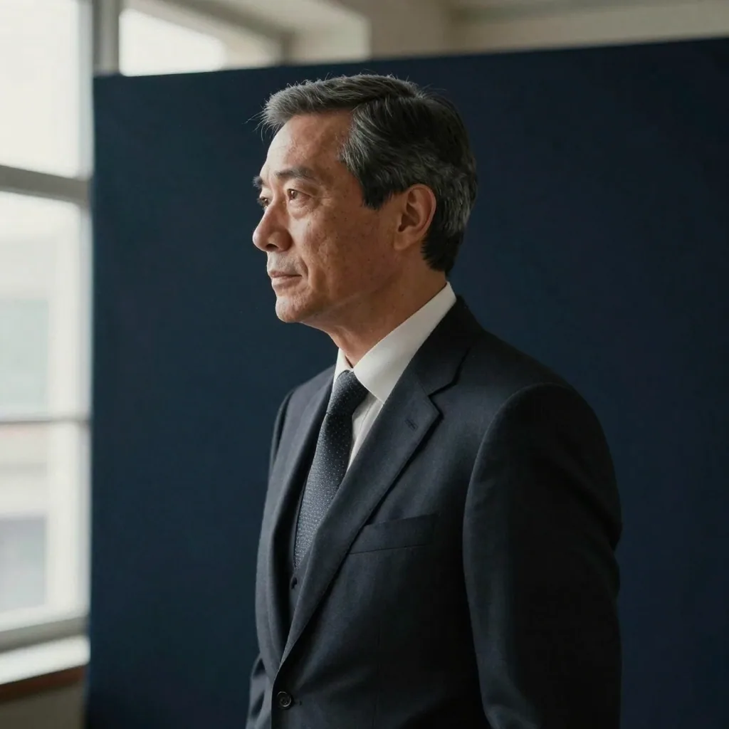 An executive in a dark suit against a deep navy seamless backdrop, dramatic side lighting sculpting the face, authoritat