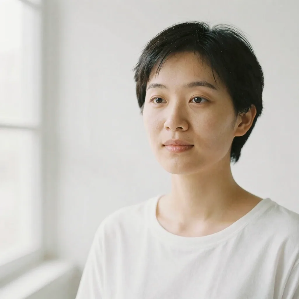 A creative professional in a white top against a clean bright white background, high-key even lighting, fresh minimalist