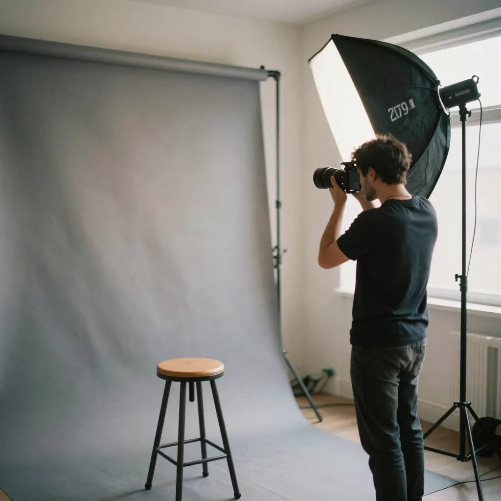 A photographer adjusting a softbox light stand in a portrait studio, folds of a gray paper backdrop rolling down behind 