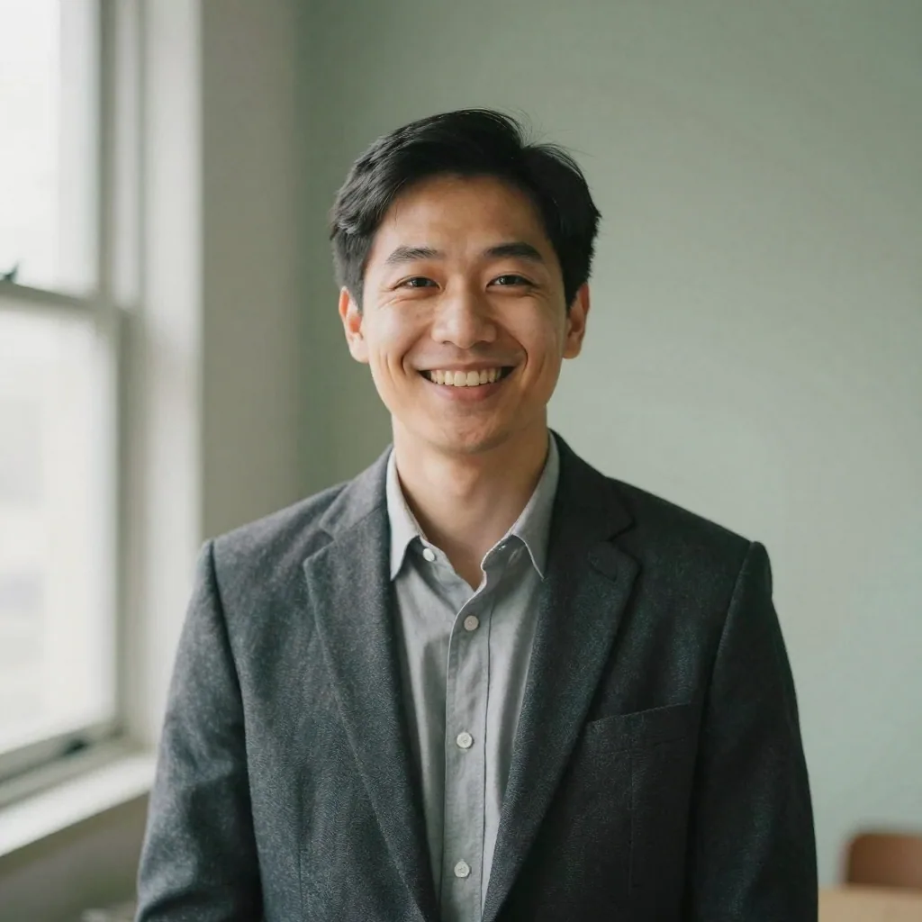 A smiling person in business-casual attire against a muted sage-green backdrop, natural window light from the left, appr