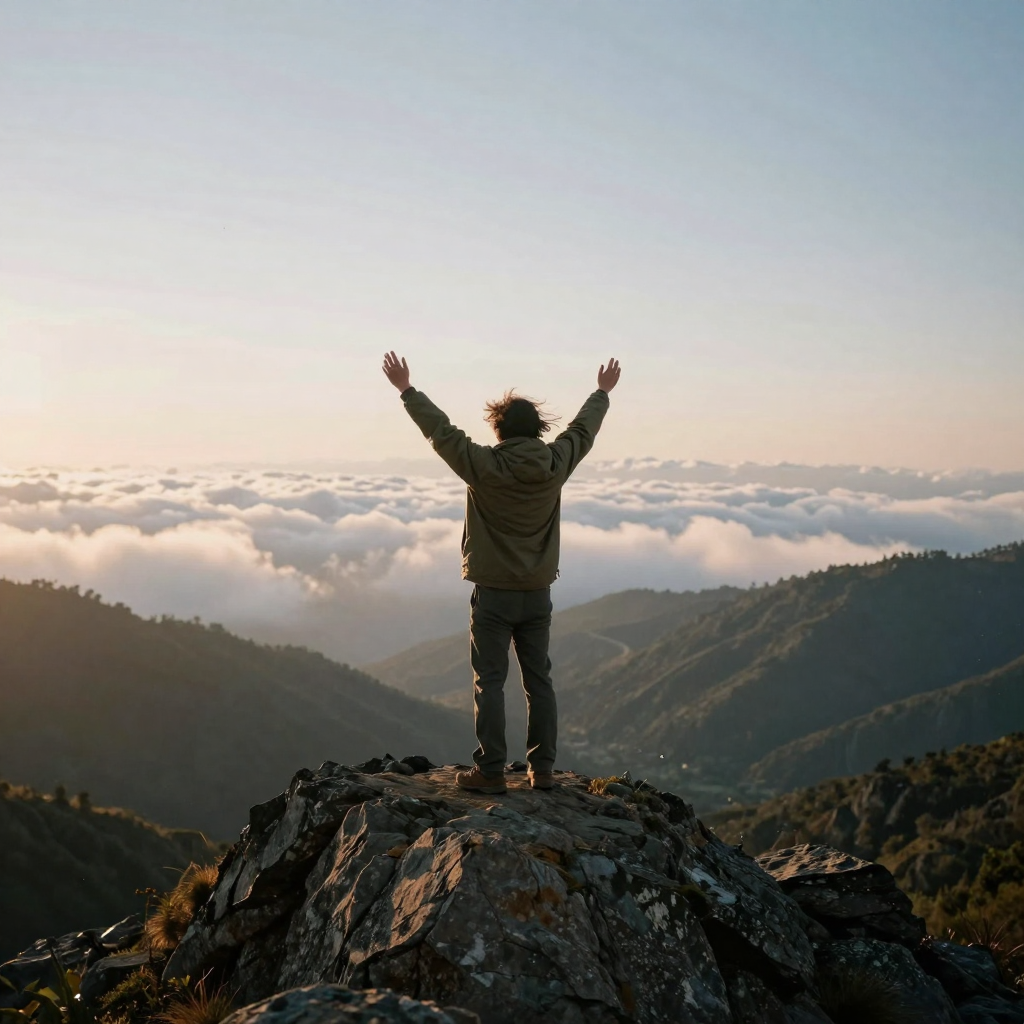 A traveler standing triumphantly on a rocky mountain summit at sunrise, arms slightly raised, wind in their jacket, a sw