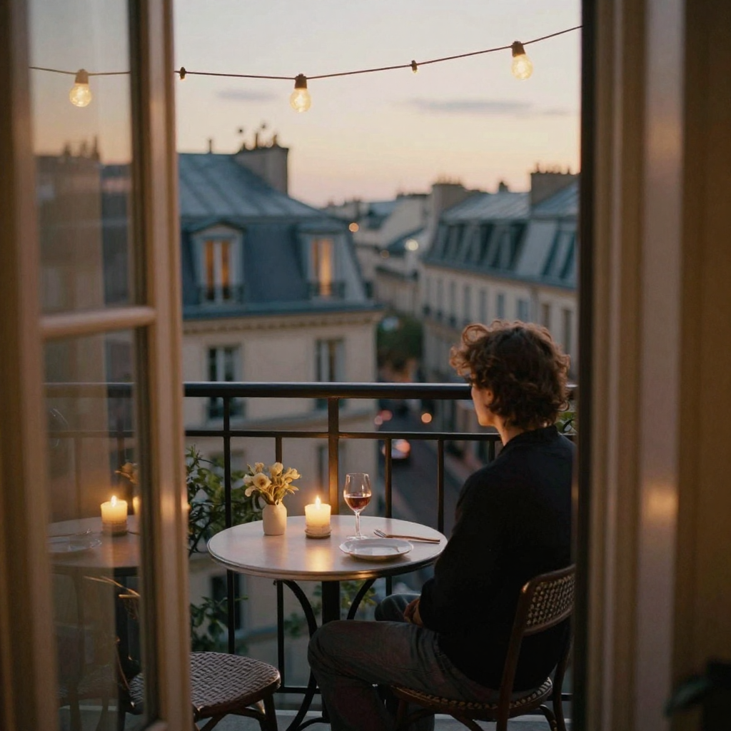 A person seated at a candlelit table on a Parisian-style balcony at dusk, city rooftops behind, warm string lights overh