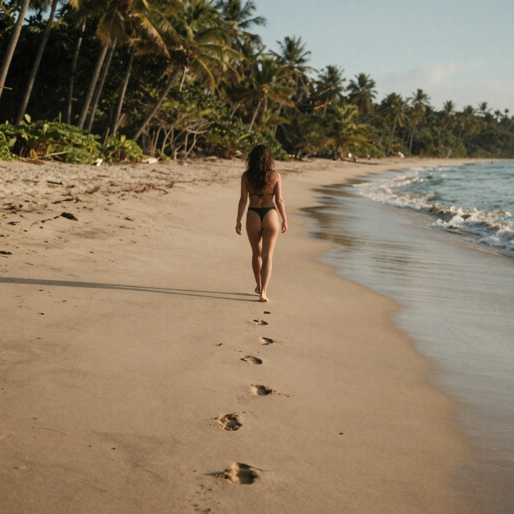 A woman walking alone along an empty tropical beach at golden hour, footprints trailing behind her in wet sand, palm sha