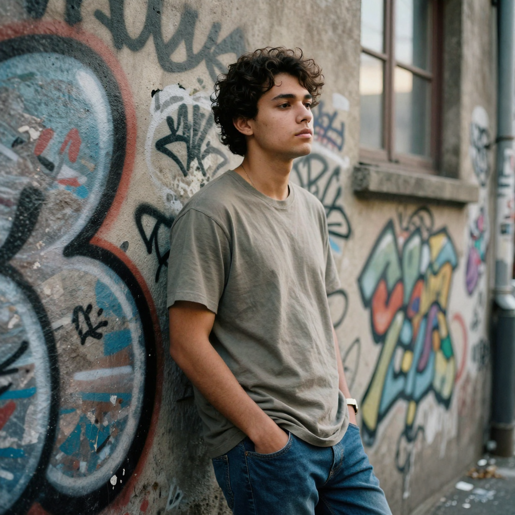 A confident individual posed against a graffiti-splashed urban alley wall, hands in pockets, dramatic side lighting, gri