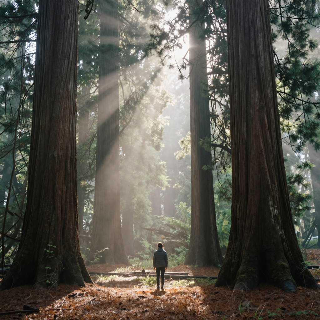 A person standing in a misty ancient forest of towering redwoods, shafts of morning light piercing the canopy, small fig