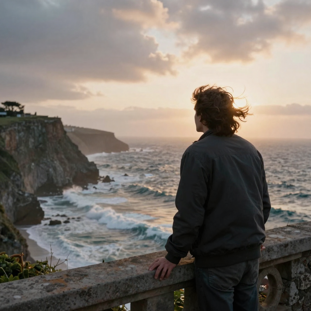 Someone leaning on a stone railing overlooking a sweeping coastal cliff at sunset, hair caught in ocean wind, waves cras