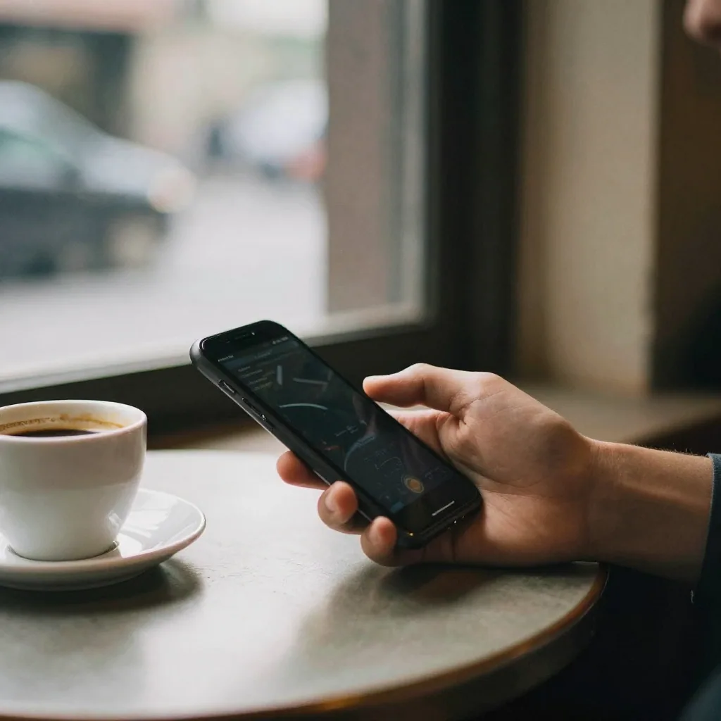 A hand holding a phone face-down and powered off on a café table beside a coffee cup, warm afternoon window light, a sen