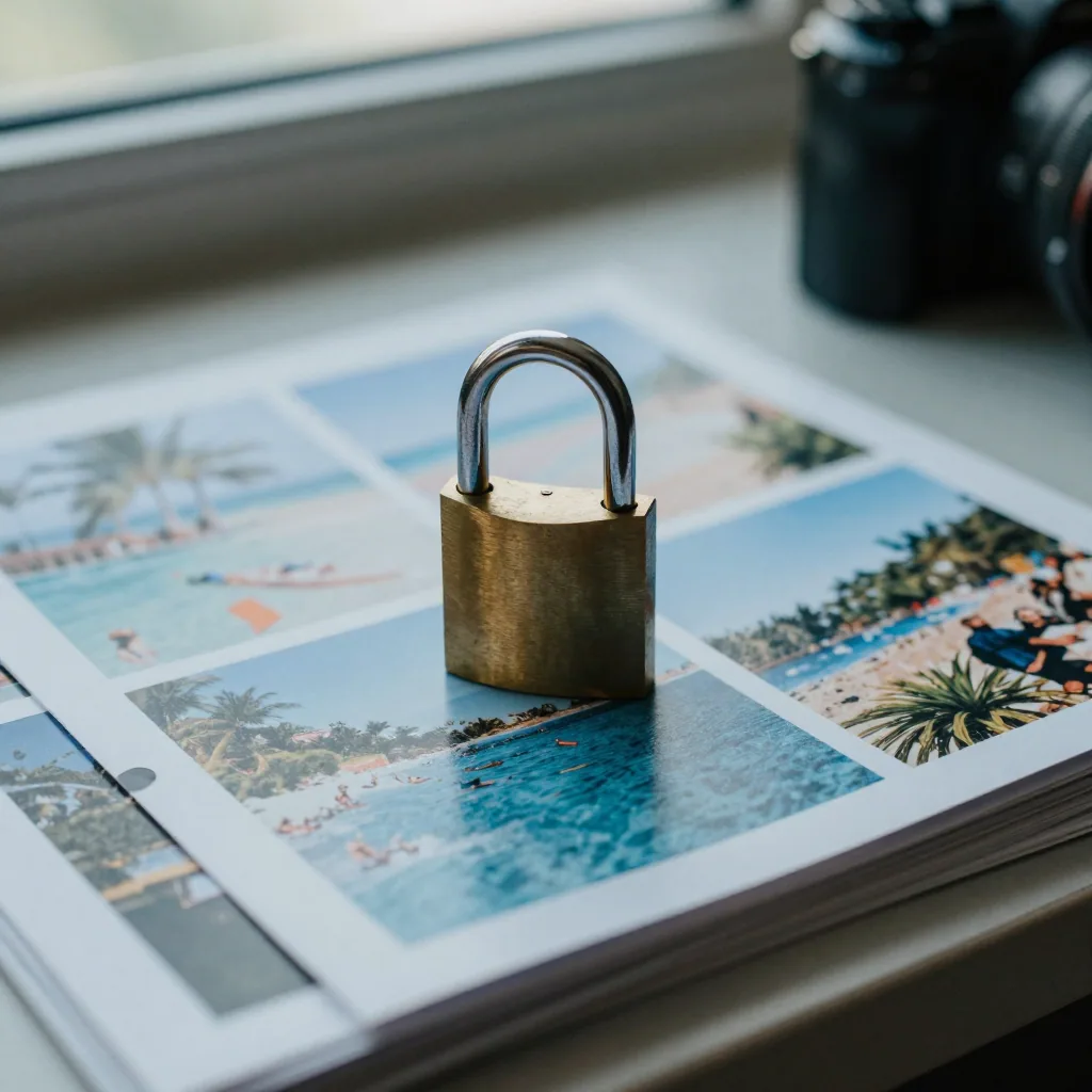 Close-up of a small brass padlock resting on a stack of printed vacation photos on a desk, cool daylight, shallow depth