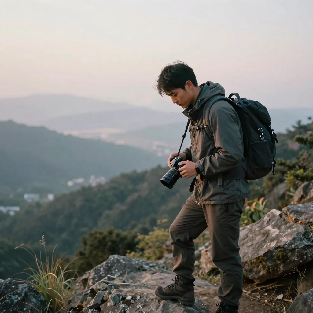 A hiker on a mountain trail lowering a camera to their side, pausing before a scenic overlook, soft morning light, prote
