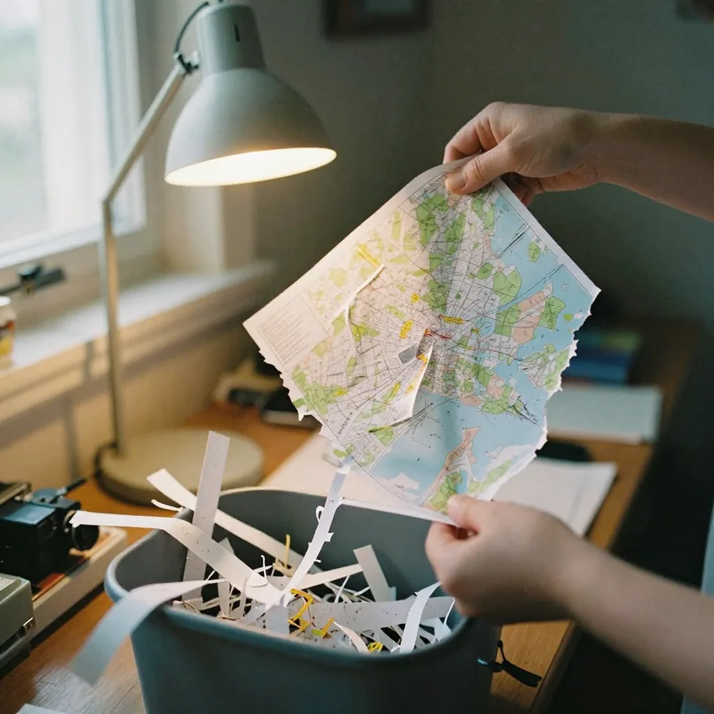 A person shredding a paper map at a home desk, torn strips falling into a bin, warm lamp light, symbolizing stripping lo