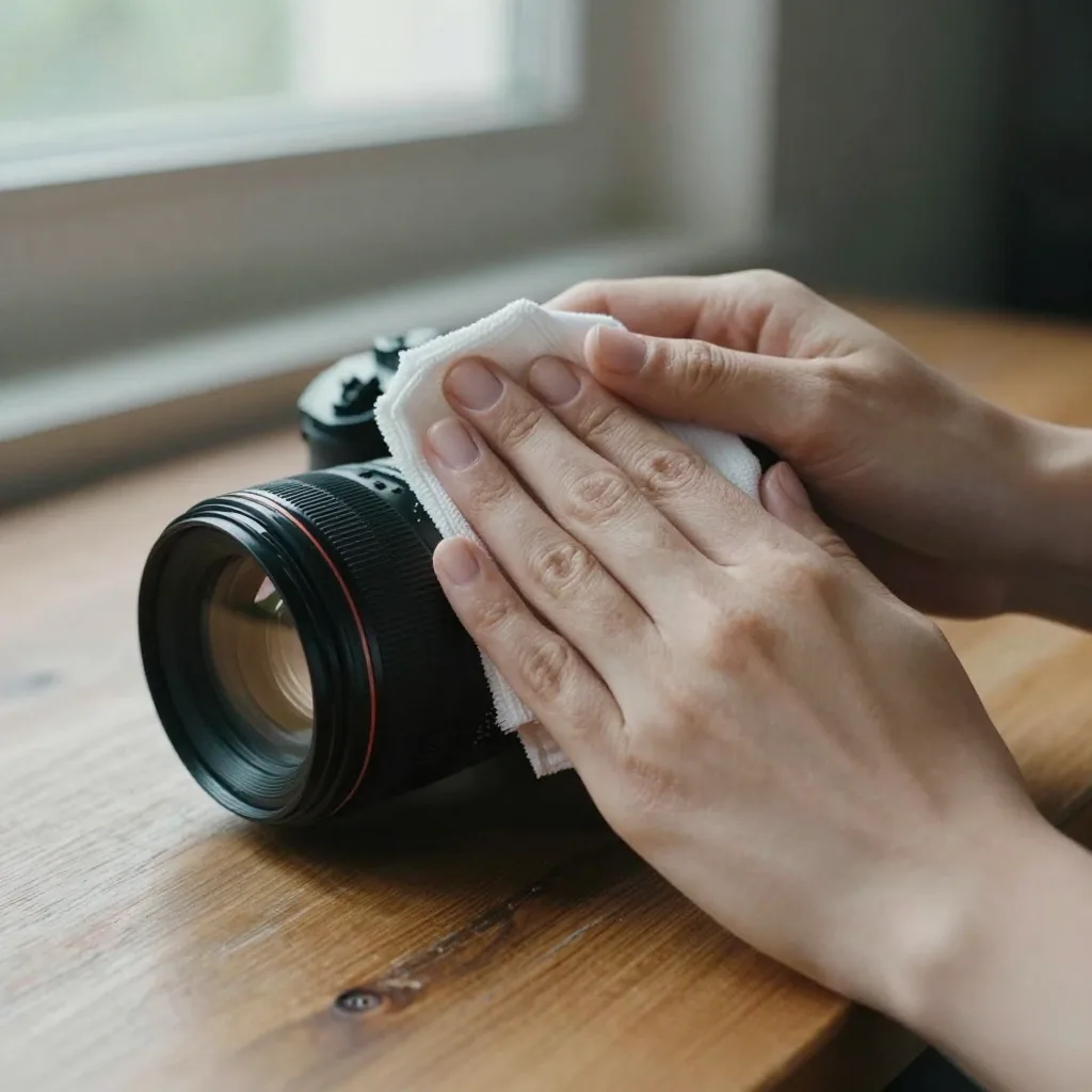 Hands wiping a smudge from a camera lens with a microfiber cloth on a wooden table, soft indirect window light, careful