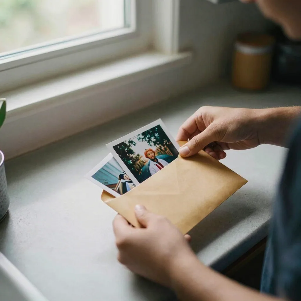 A traveler placing printed photos into a plain unlabeled envelope at a kitchen counter, morning light, a gesture of keep
