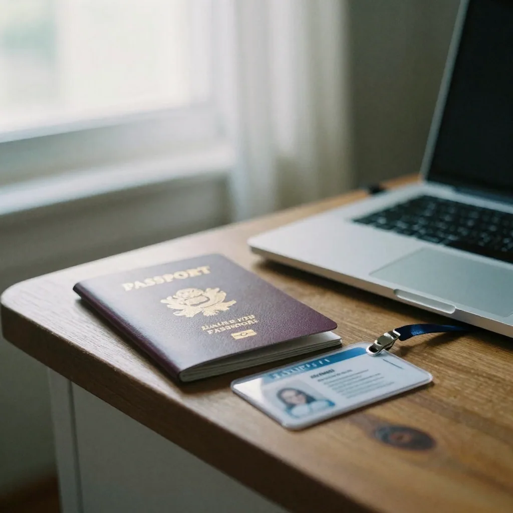 A passport booklet and a laminated ID card resting on a wooden kitchen table beside a closed silver laptop, soft morning