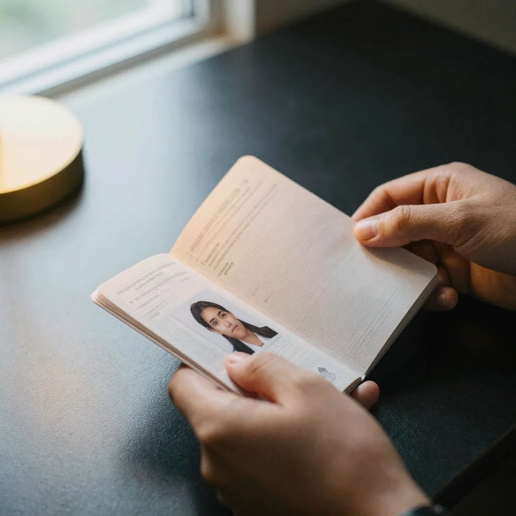 Close-up of a person's hands holding a passport open to the photo page over a dark desk, warm lamp glow, no other object
