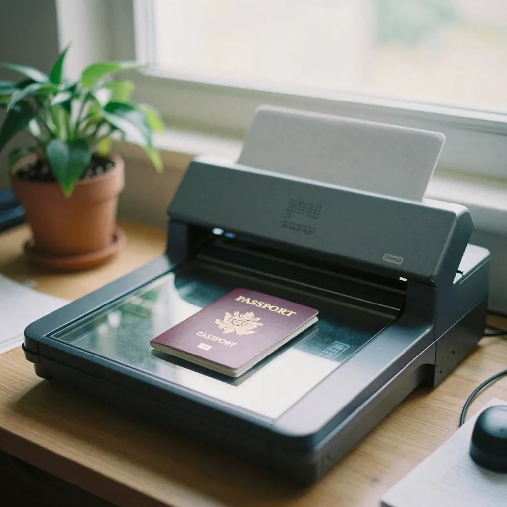 A flatbed scanner with its lid raised sitting on a home office desk, a passport placed face-down on the glass, a potted 
