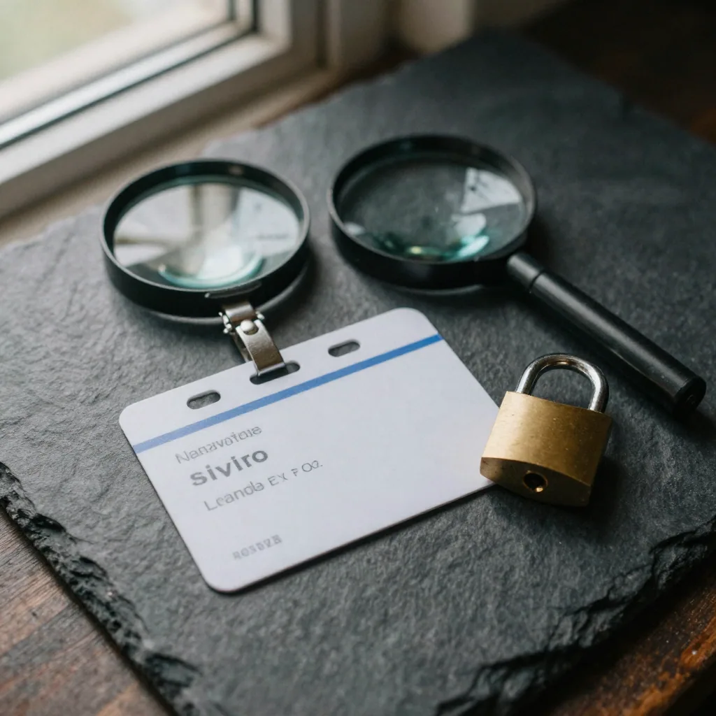 Overhead view of an ID card, a magnifying glass, and a small brass padlock arranged on a slate surface, moody directiona