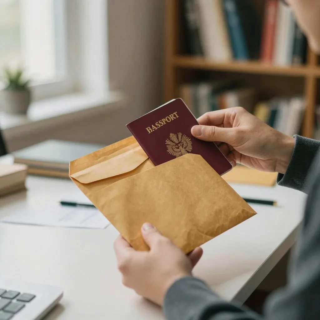 A person at a tidy desk sliding a passport into a plain kraft envelope, hands only, blurred bookshelf behind, calm late-