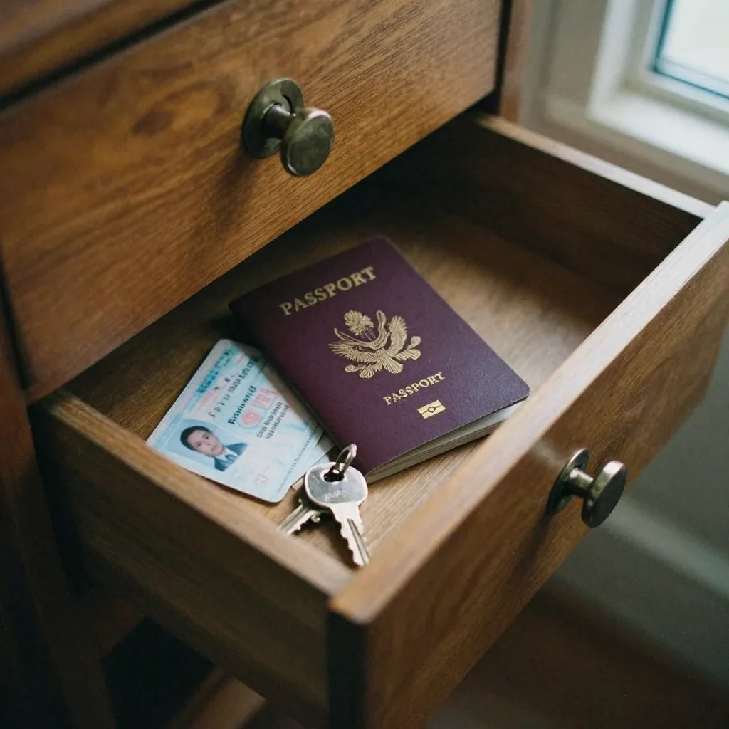 A locked wooden drawer partly open revealing a passport and an ID card tucked inside beside a set of keys, intimate low-