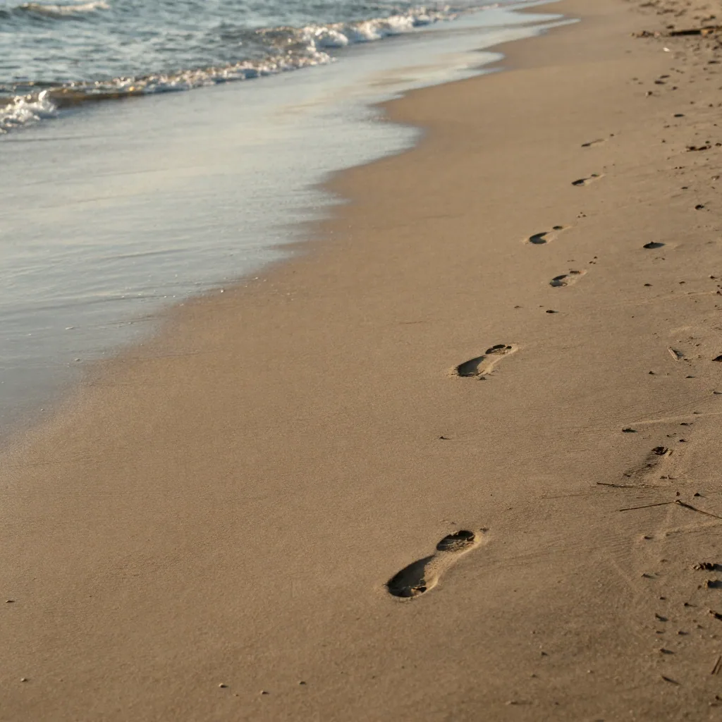A serene empty beach at golden hour with smooth wet sand and gentle waves, footprints leading to the water, no people in