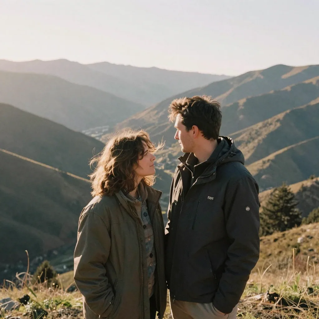 A couple posing together on a scenic mountain overlook, wind in their hair, valley and peaks stretching behind them, war