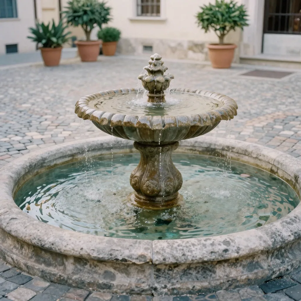 A tidy travel photo of a stone plaza fountain with clear water, cobblestones and potted plants, completely empty of tour