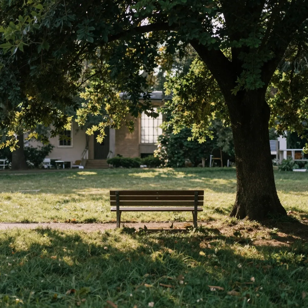 A quiet park bench beneath a large tree, dappled sunlight on the grass, no photobombers, peaceful late-afternoon glow