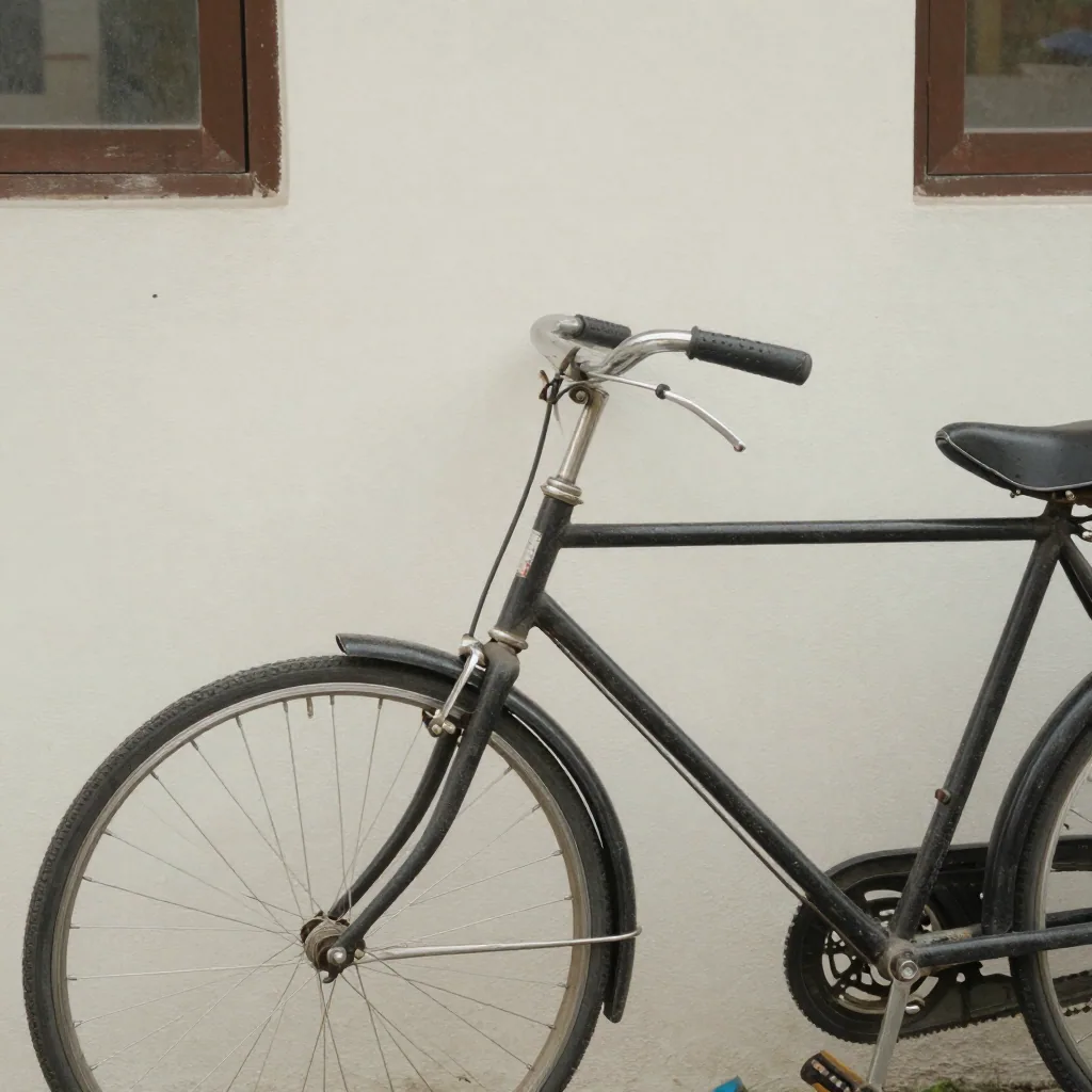 A clean product-style photo of a vintage bicycle leaning against a plain painted wall, cropped tight, no clutter around 
