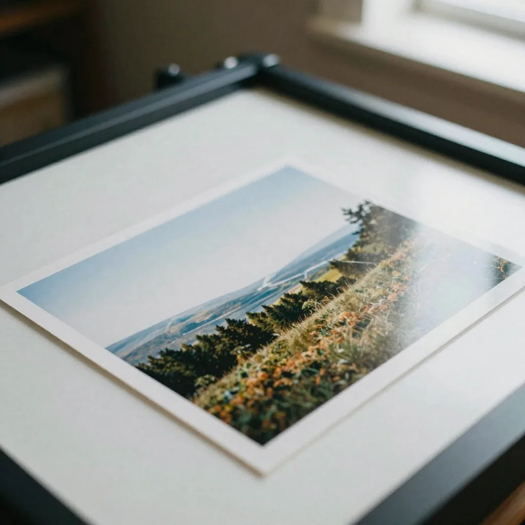 Close-up of a photographer's own glossy print resting on a light table, a faint diagonal repeating pattern lifting away 