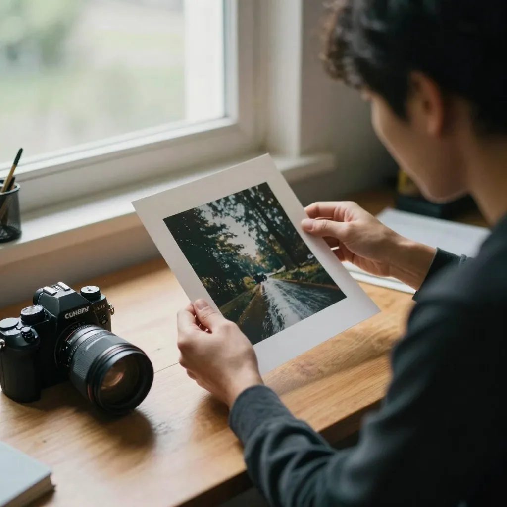 A photographer at a wooden desk holding one of their own prints up to warm window light, inspecting the clean surface, c