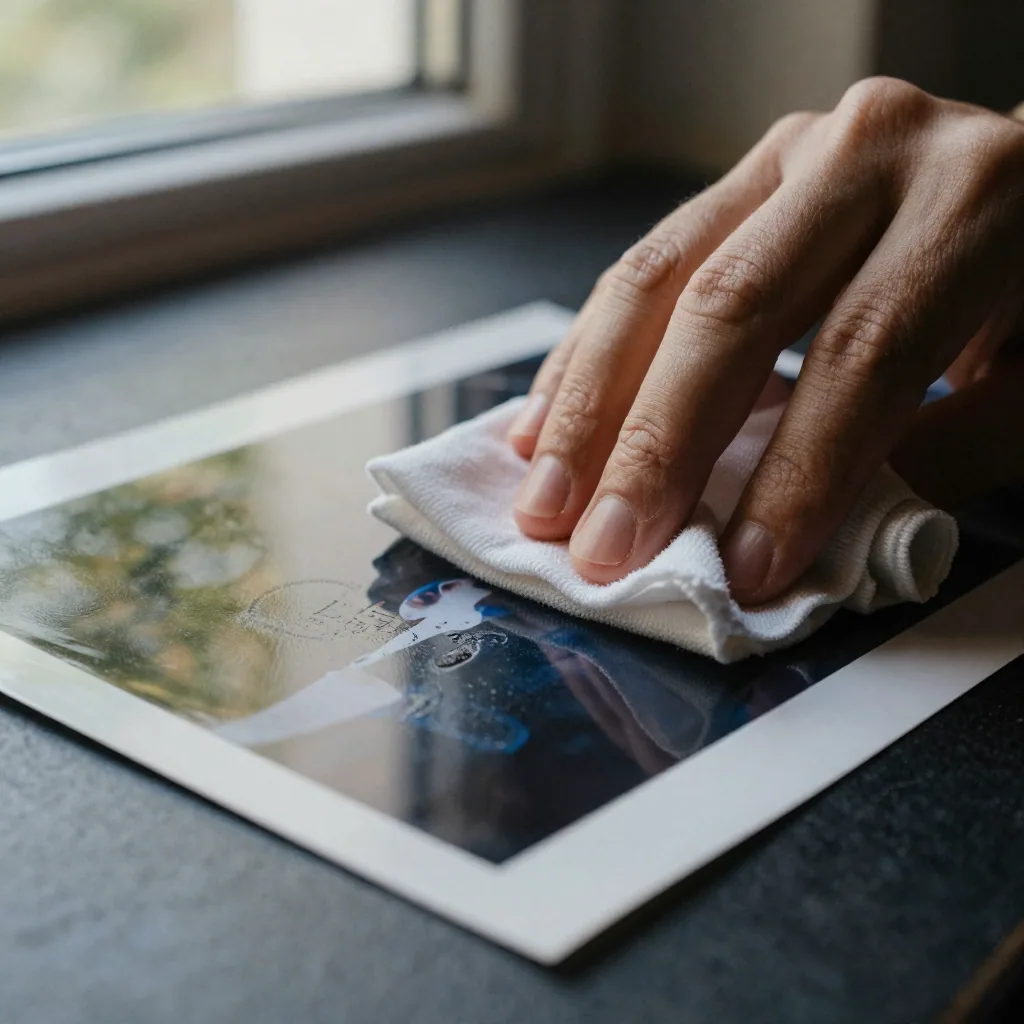Macro of a hand gently wiping a soft cloth across a glossy photo print, a faint stamp mark fading under the motion, dram