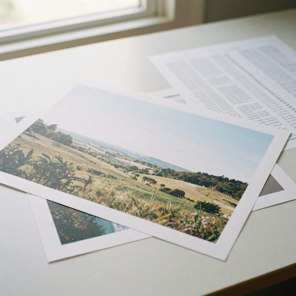 An overhead flat lay of a clean pristine landscape print beside a crumpled marked-up test print on a pale desk, bright e