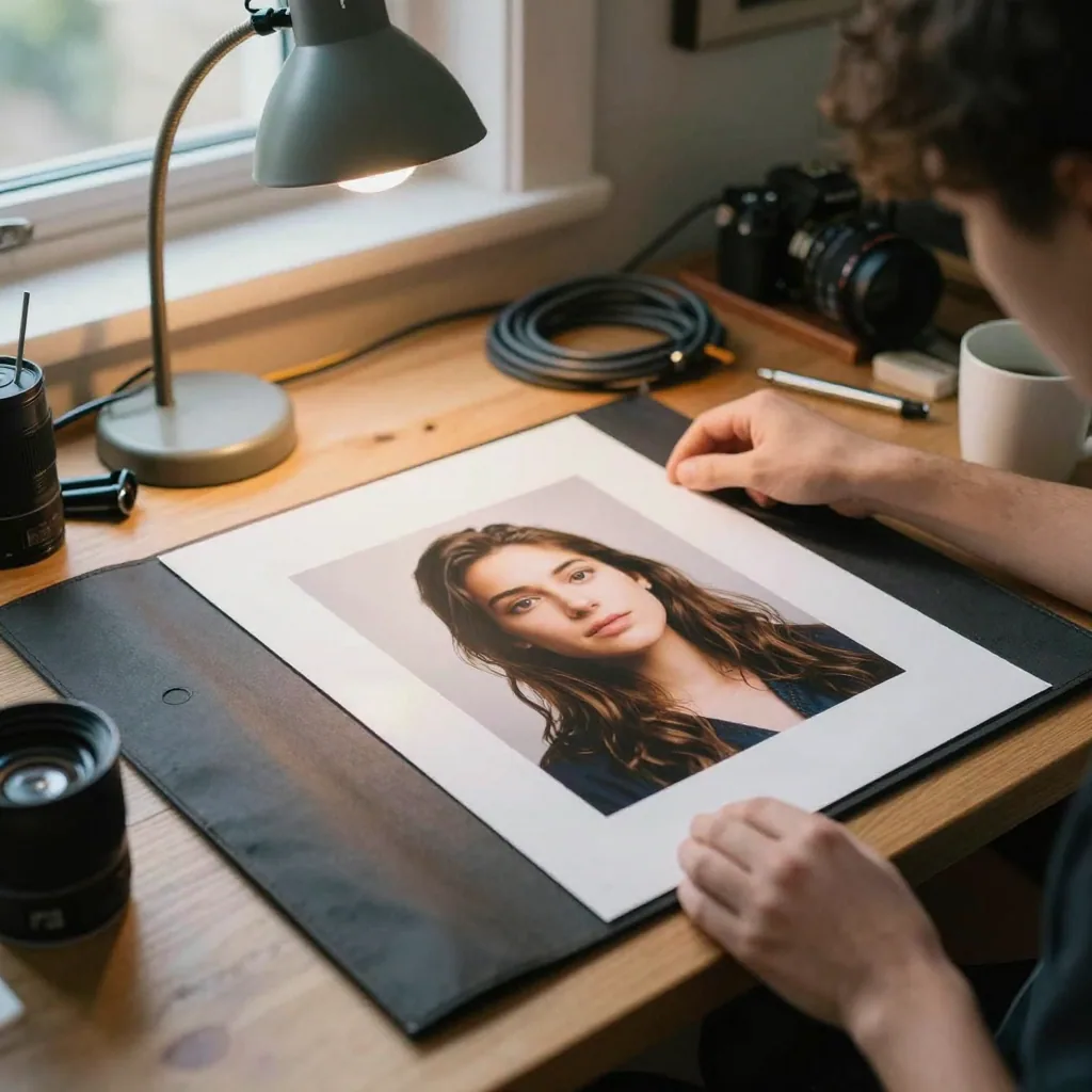 A studio scene of a photographer laying a fresh flawless portrait print into a portfolio sleeve, warm desk lamp, coiled