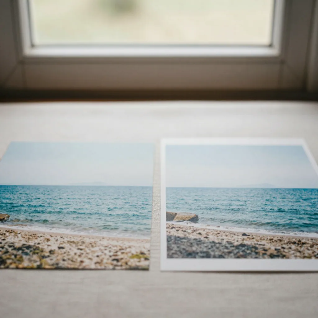 Close-up of two prints of the same seaside scene side by side on a linen surface, one faintly marked, one perfectly clea