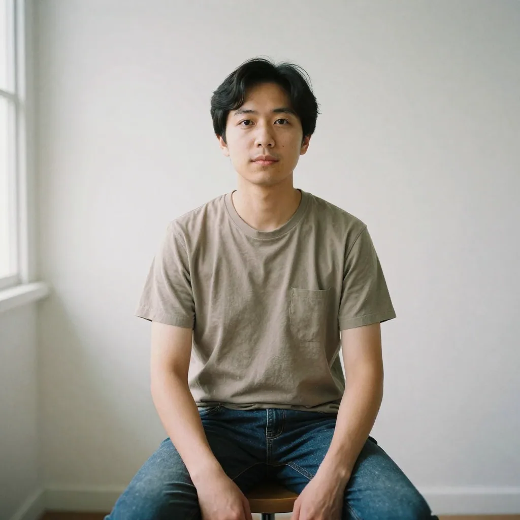 A person seated on a stool in front of a plain white wall in even soft lighting, shoulders squared to camera, neutral ex