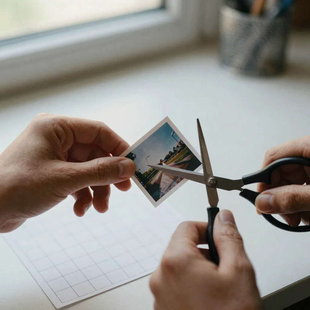 Close-up of hands holding a small printed square photograph over a bright desk, trimming its edge with scissors near a p