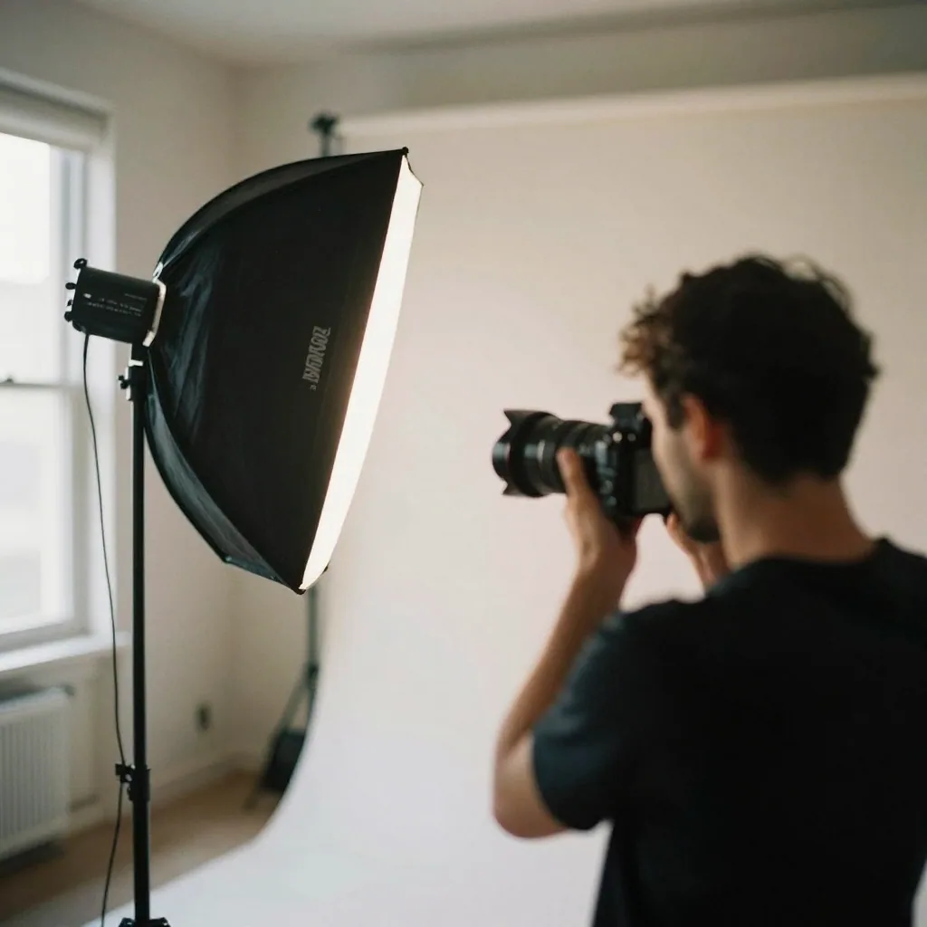 A photographer adjusting a softbox light aimed at a subject against a seamless off-white backdrop in a small studio, sub