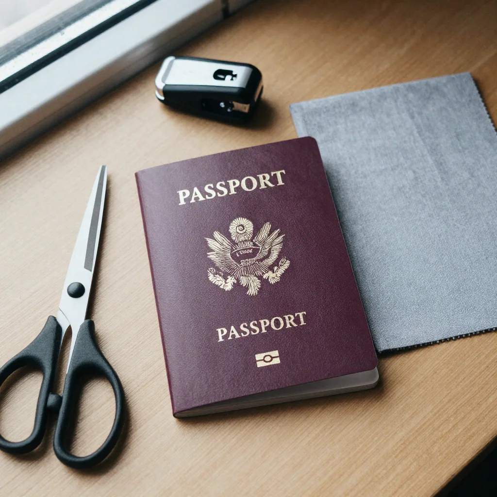 Overhead flat lay of a passport booklet closed on a wooden table beside a pair of scissors, a small photo trimmer, and a