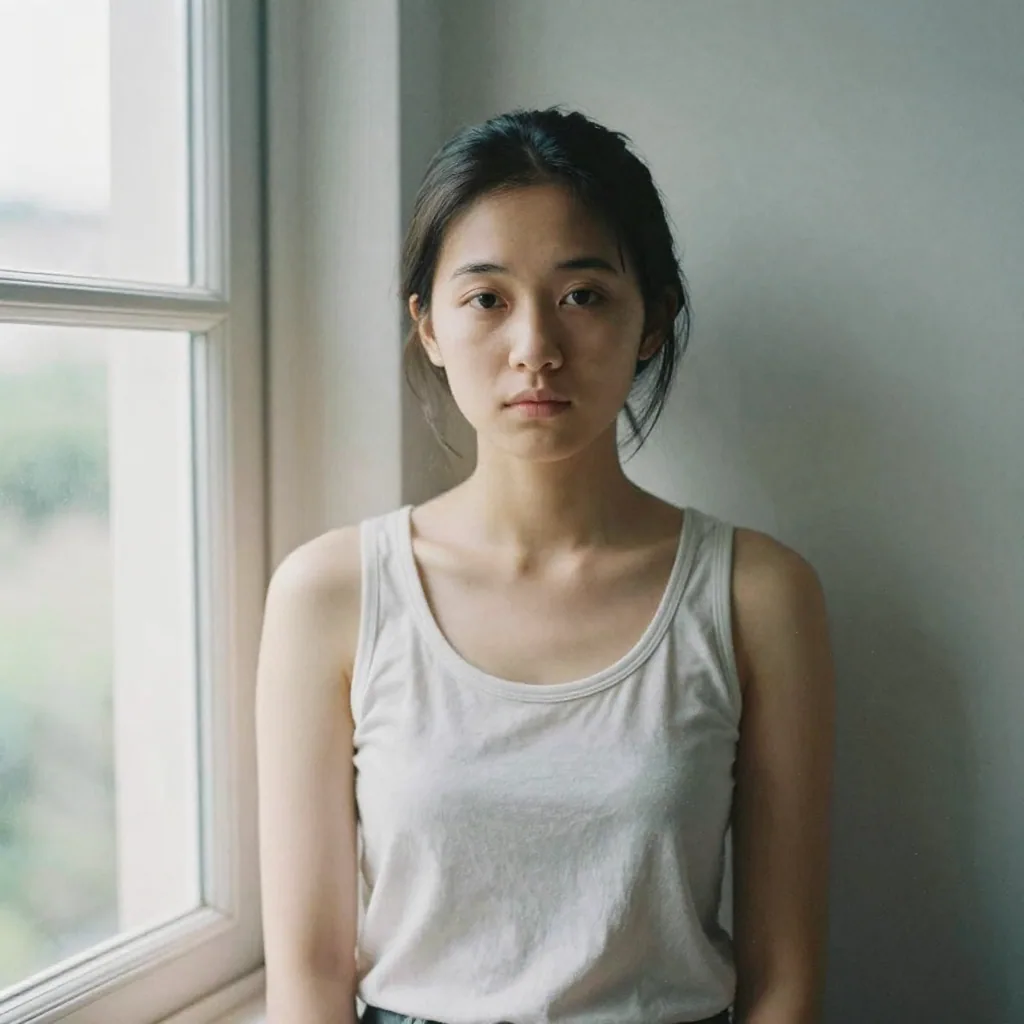 A young woman standing against a light gray wall at home by a large window, hair tucked behind ears, calm neutral face,