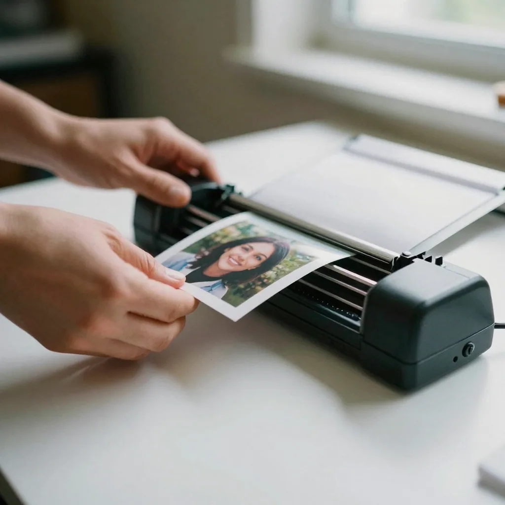 Hands feeding a small glossy portrait print into a compact photo trimmer, thin cut strips curling off the edge onto a br