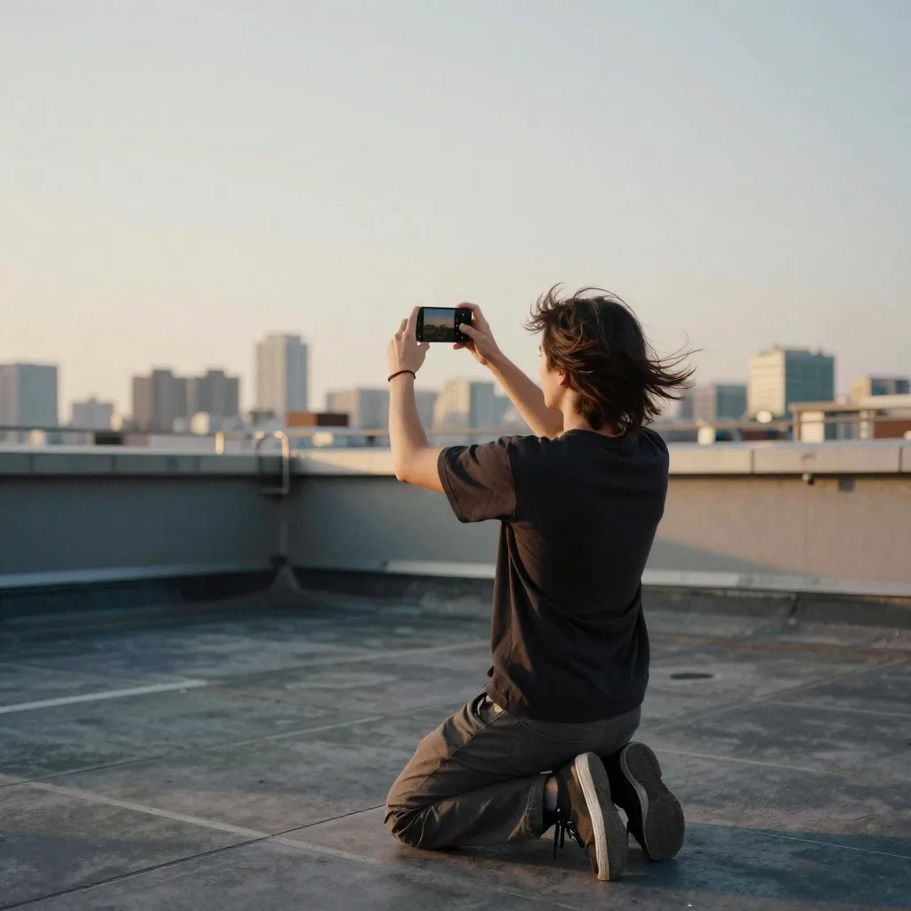 A content creator kneeling on a rooftop terrace at golden hour, holding a phone vertically to frame a tall portrait shot