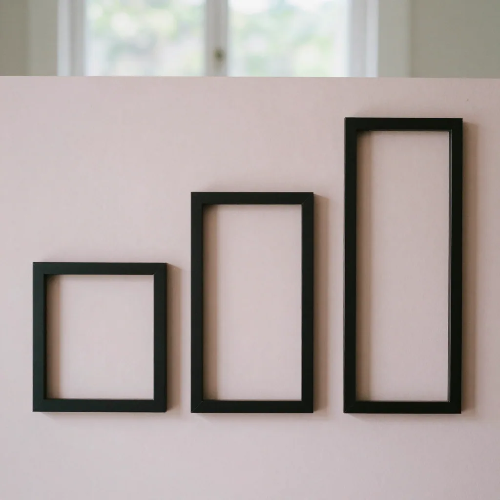 Flat lay of three empty picture frames on a pale pink surface — one perfect square, one tall rectangle, one very tall na