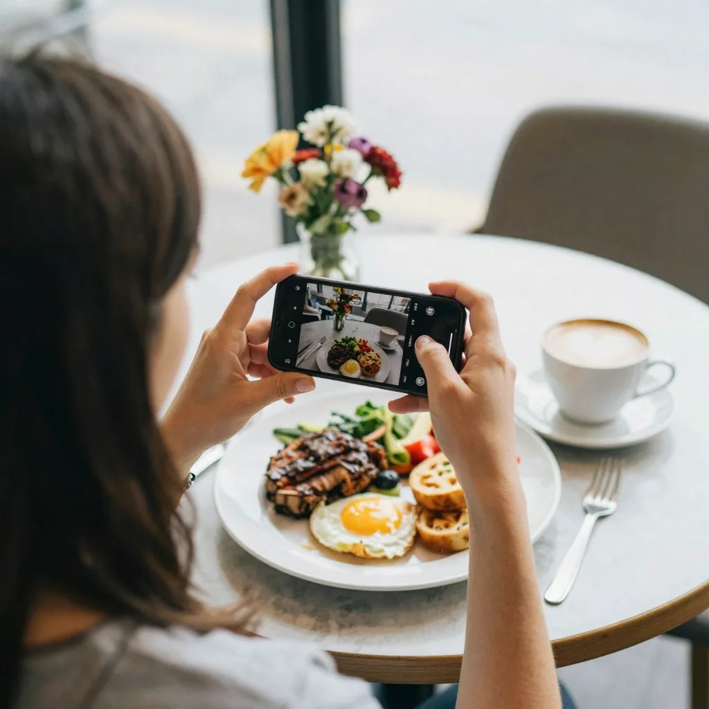 A young woman photographing a plated brunch from directly overhead in a bright cafe, phone held flat above the table, la