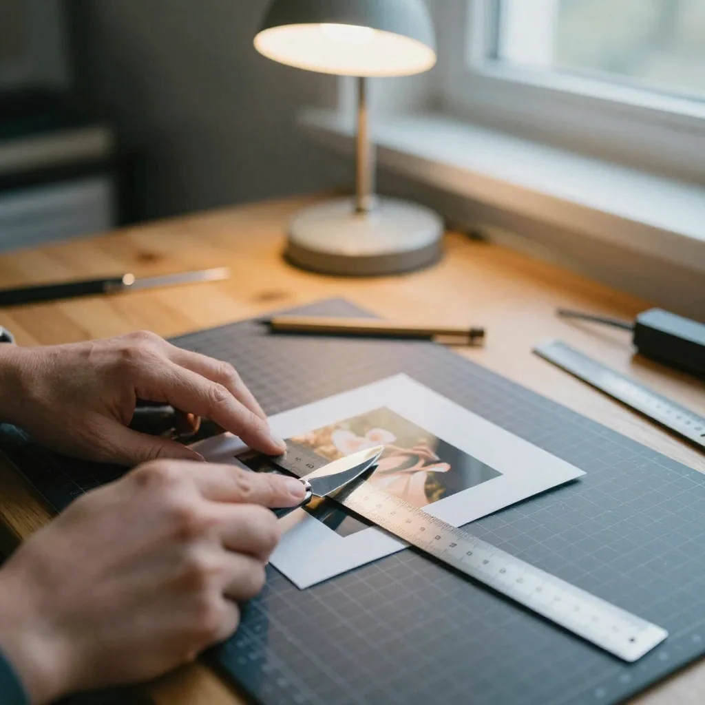 Close-up of hands cropping a printed photo with a metal ruler and craft knife on a cutting mat, trimming it to a square,
