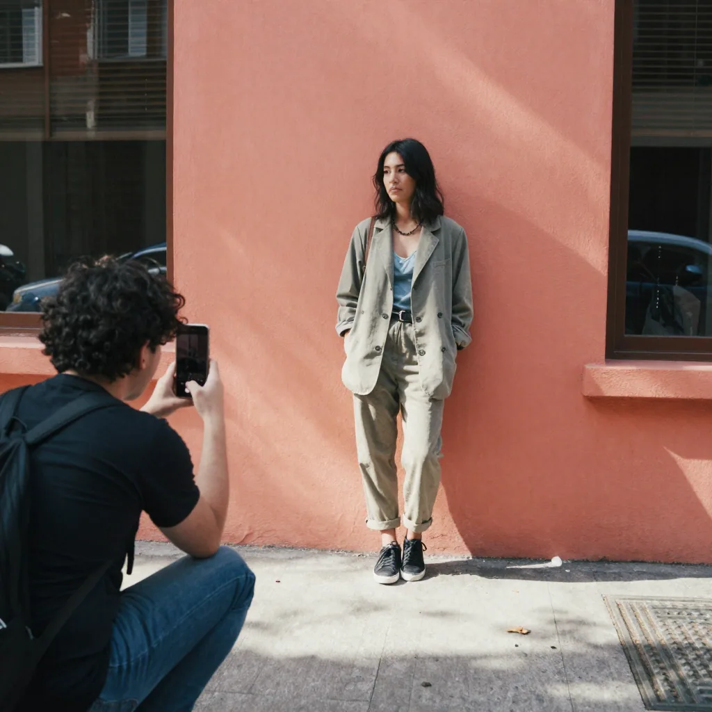 A fashion influencer posing against a bold coral wall for a vertical full-body shot, friend crouched low holding the pho