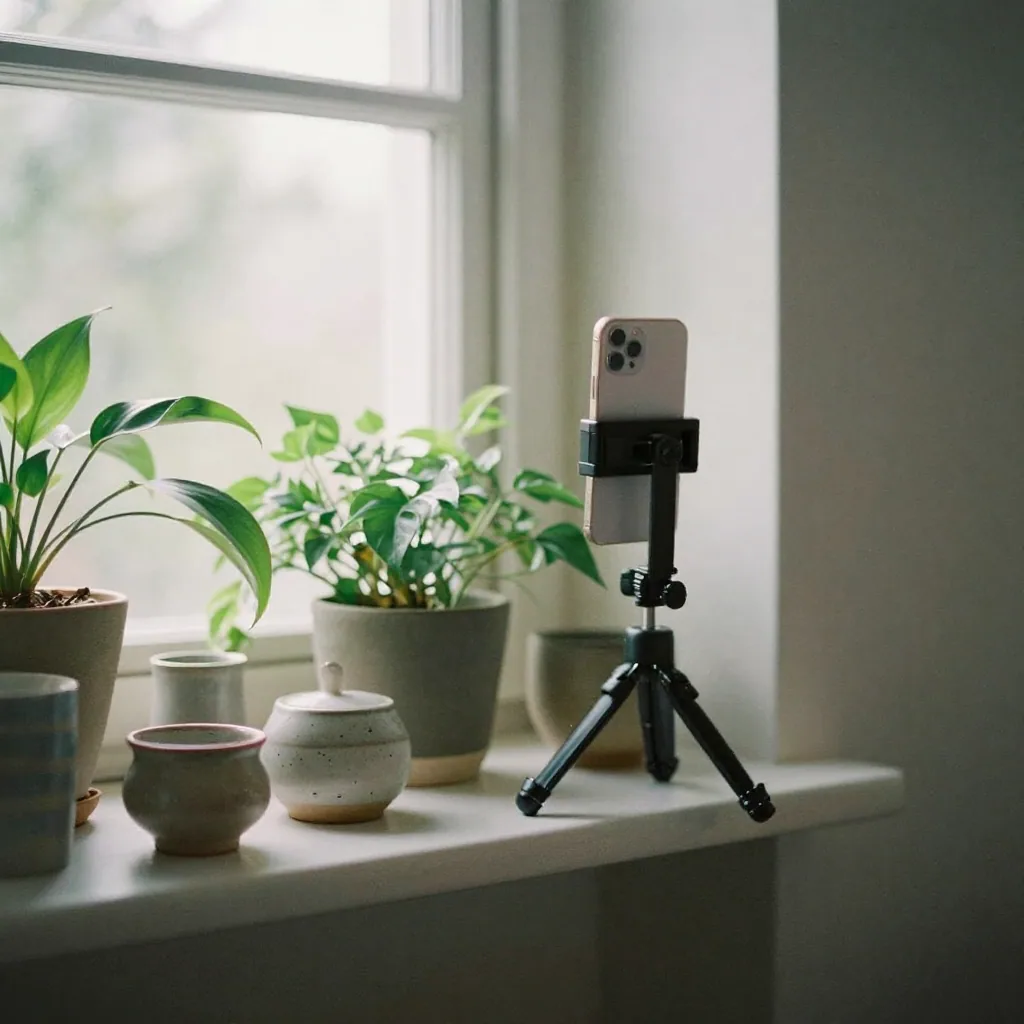 A tidy studio corner with a phone mounted on a small tripod aimed at a styled shelf of plants and ceramics, natural wind